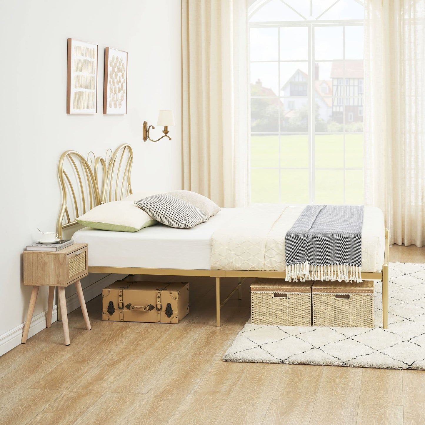 Gold Platform Queen Size Bed Frame with Headboard and Footboard, 12.6 Inches Metal Mattressfor Storage, No Box Spring Needed, Easy Assembly, Modern Design (Butterfly)