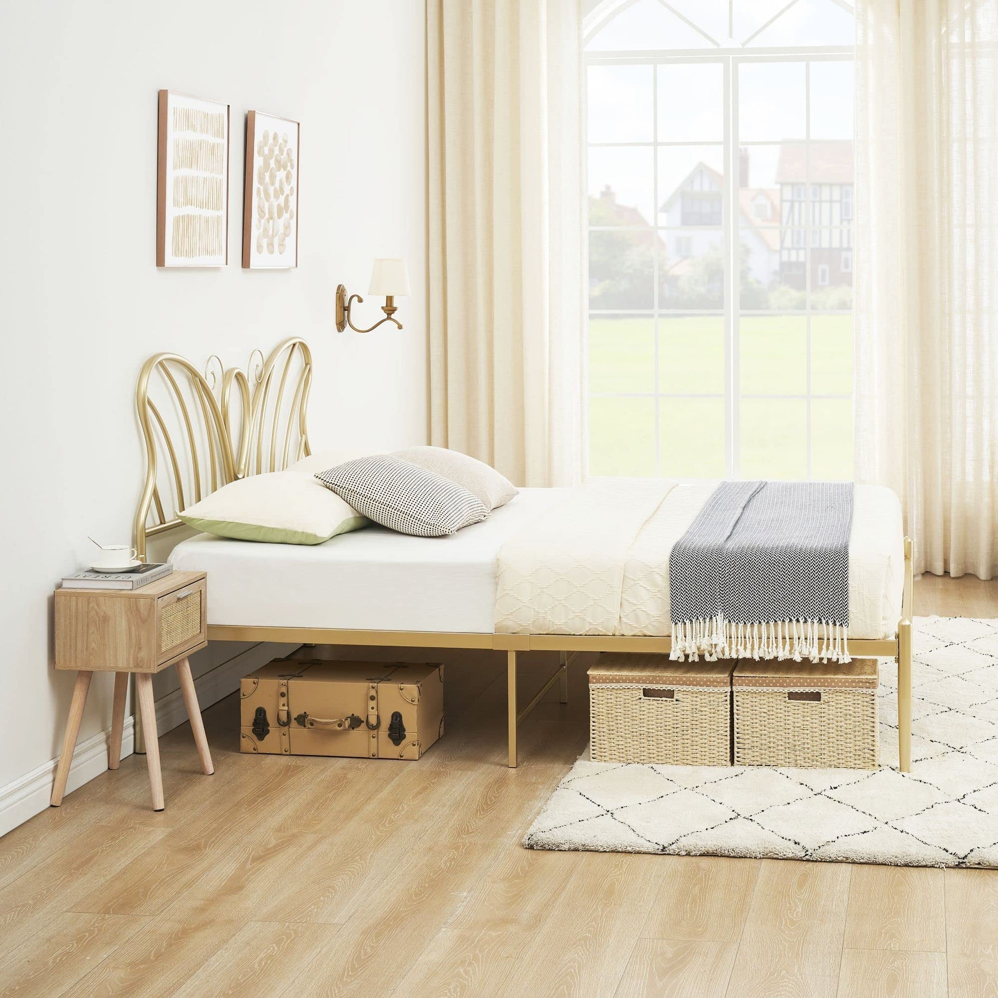 Gold Platform Queen Size Bed Frame with Headboard and Footboard, 12.6 Inches Metal Mattressfor Storage, No Box Spring Needed, Easy Assembly, Modern Design (Butterfly)