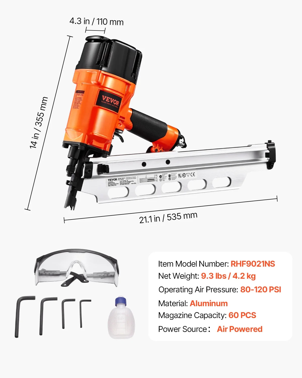 VEVOR Framing Nailer, 2" to 3-1/2" 21 Degree Full Round Head Pneumatic Framing Nailer with Dual Trigger Modes & Tool-Less Depth Adjustment, 80-120PSI Pro Air Nail Gun for Framing Flooring Decking
