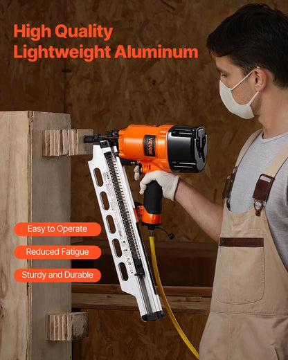 VEVOR Framing Nailer, 2" to 3-1/2" 21 Degree Full Round Head Pneumatic Framing Nailer with Dual Trigger Modes & Tool-Less Depth Adjustment, 80-120PSI Pro Air Nail Gun for Framing Flooring Decking