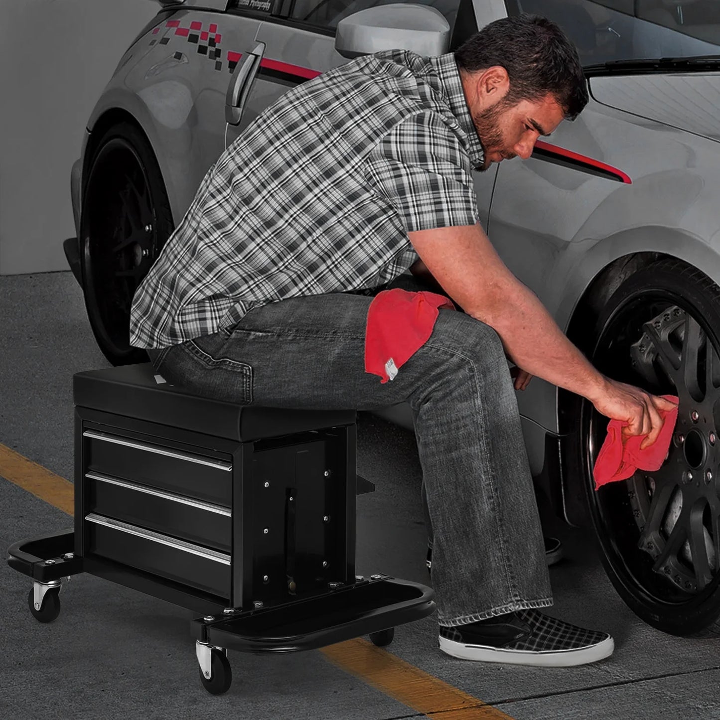 Magshion 3-Drawer Rectangular Mechanics Rolling Seat Tool Box with Tool Tray, 350 lbs Max Weight Capacity with Casters - Red