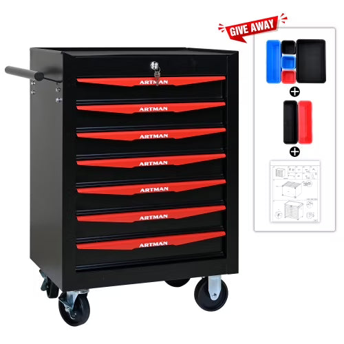 POVANLI 7 Drawer Portable Tool Box With Wheels,20" Tool Chest With Key Locking Tool Boxes/Organizers Black& Red