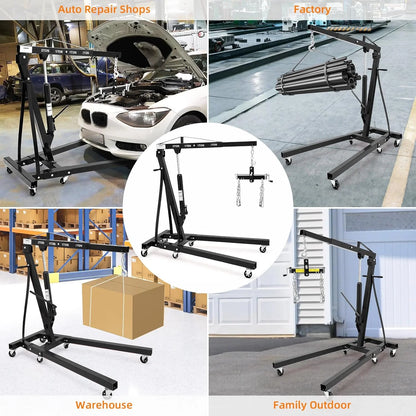Mescukay 2 Ton Engine Hoist with Lever, 4000 lbs Heavy Duty Folding Cherry Picker Engine Lift Hydraulic Tilting Engine Shop Crane with 6 Iron Caster Wheels Telescopic Boom Hitch