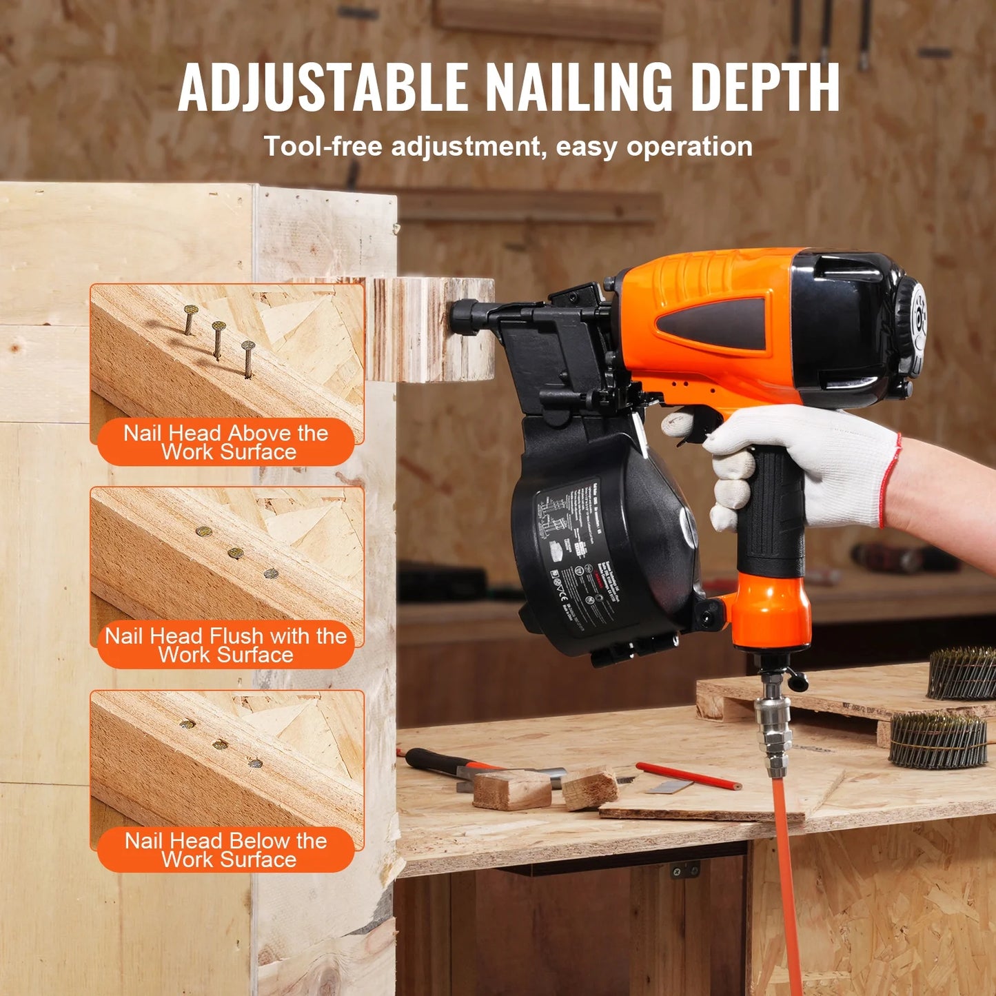 KFFKFF Pneumatic Coil Siding Nailer CN65, Adjustable 1-1/4" to 2-1/2" 15 Degree, 70-120PSI, Ideal for Siding, Sheathing, Woodworking, Fencing, and Decking
