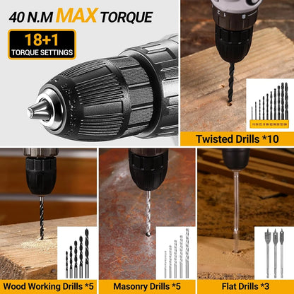 20V Cordless Power Drill Tool Kit Set with Battery Electric Drill Driver - Portable Home Repair Toolbox