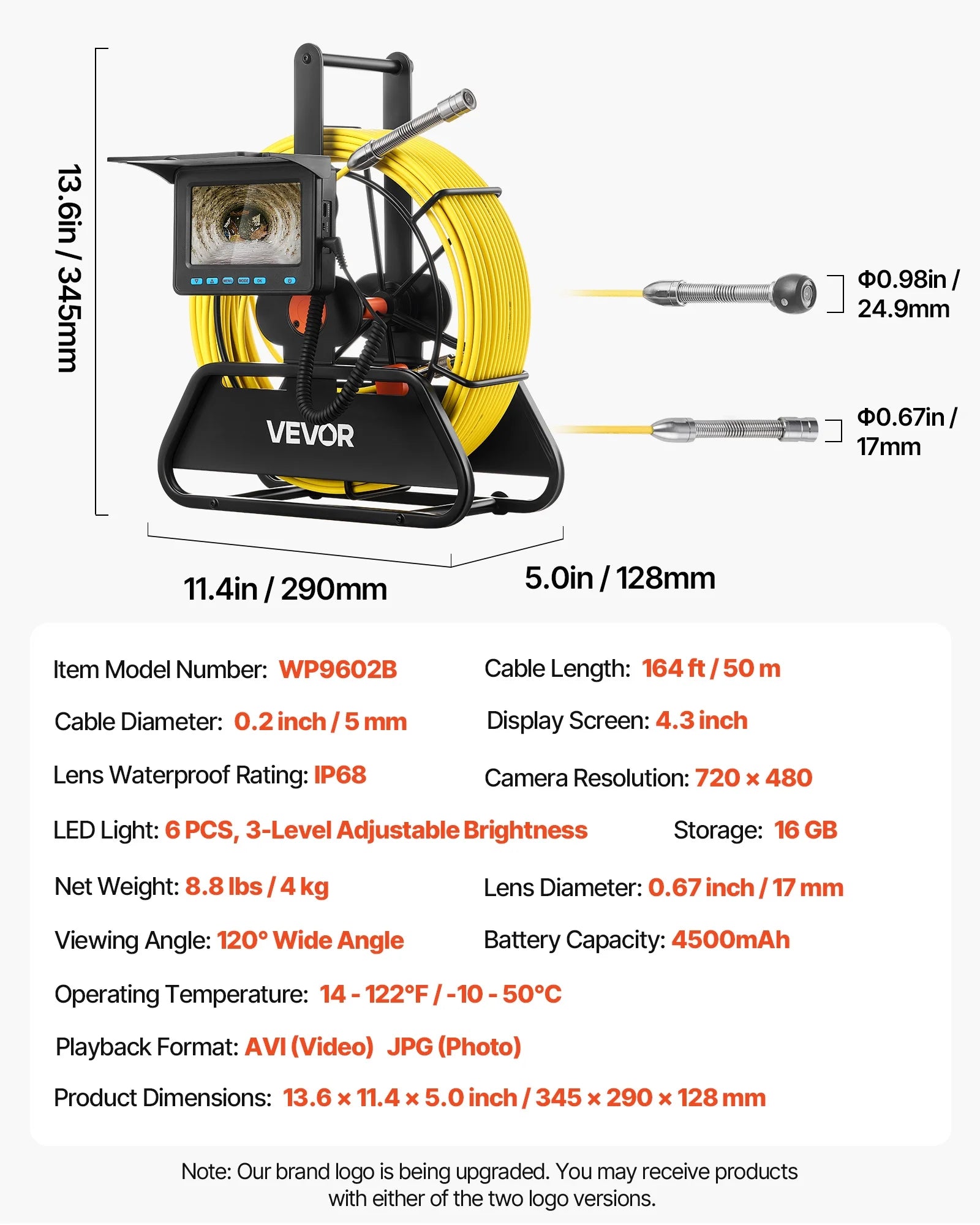 VEVOR Sewer Camera, 164 ft/50m, 4.3" Drain Inspection Camera, IP68 Waterproof Snake Plumbing Camera with Lights - 6 Adjustable LEDs, 4500mAh Battery & 16GB Card for Sewer Line Duct Pipes