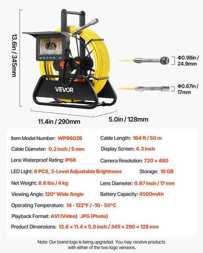 VEVOR Sewer Camera, 164 ft/50m, 4.3" Drain Inspection Camera, IP68 Waterproof Snake Plumbing Camera with Lights - 6 Adjustable LEDs, 4500mAh Battery & 16GB Card for Sewer Line Duct Pipes