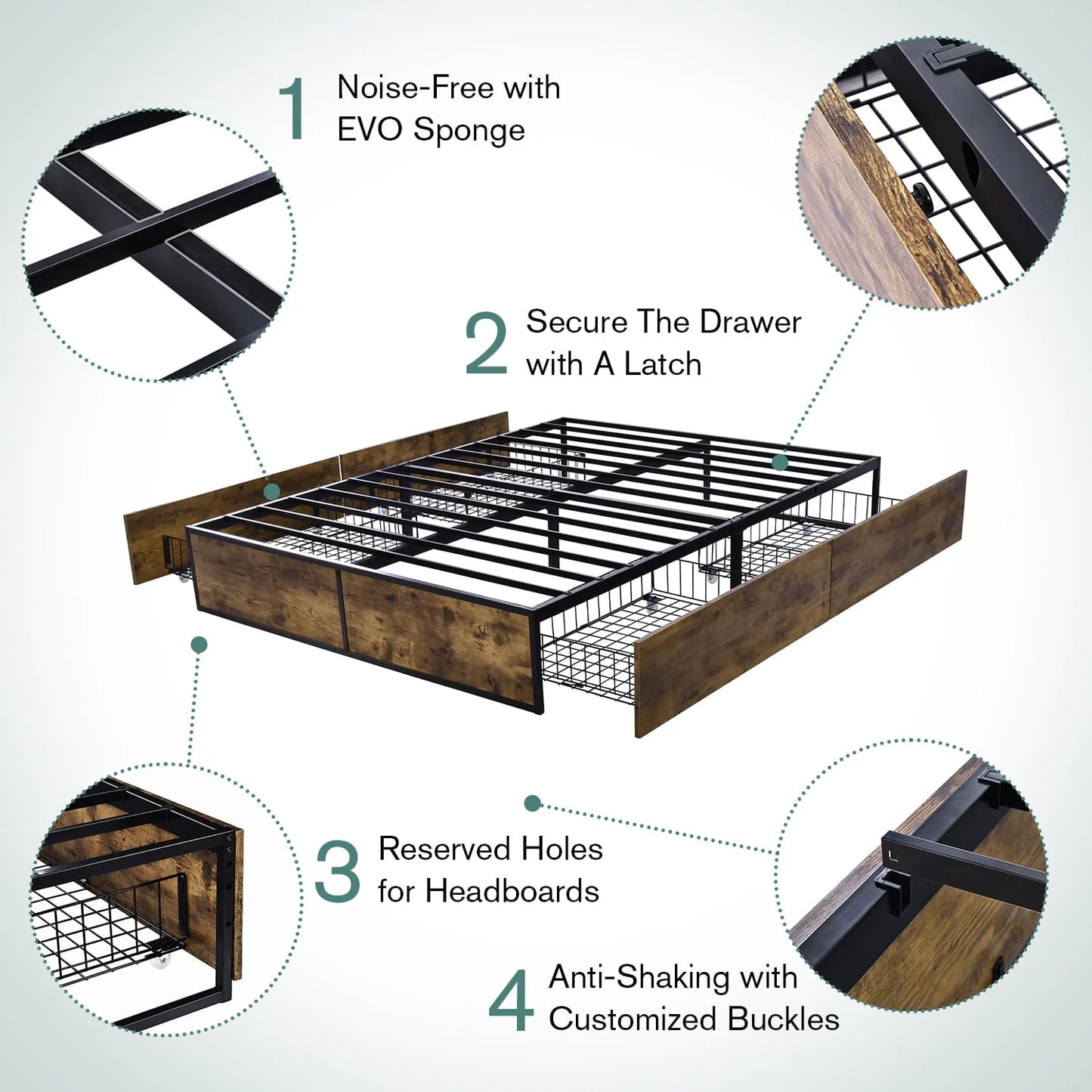 Allewie Industrial Queen Size Metal Platform Bed Frame with 4 XL Storage Drawers with Casters