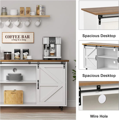 Catrimown Farmhouse Coffee Bar Cabinet, 58'' Kitchen Buffet Sideboard Storage Cabinet with Adjustable Shelves, White