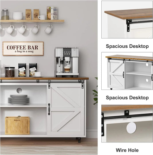 Catrimown Farmhouse Coffee Bar Cabinet, 58'' Kitchen Buffet Sideboard Storage Cabinet with Adjustable Shelves, White
