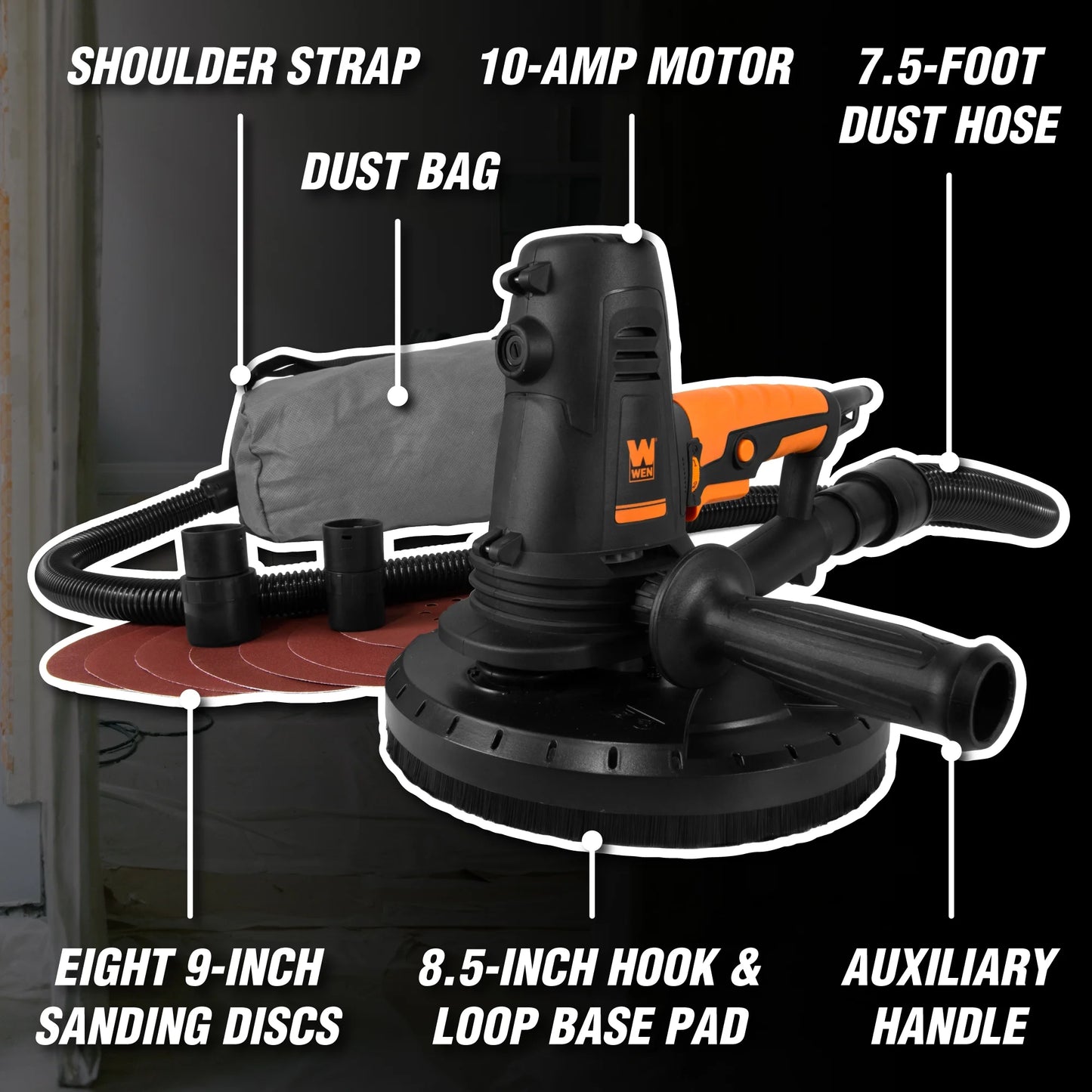 WEN 10-Amp Variable Speed Handheld Drywall Sander with Dust Hose and Collection Bag