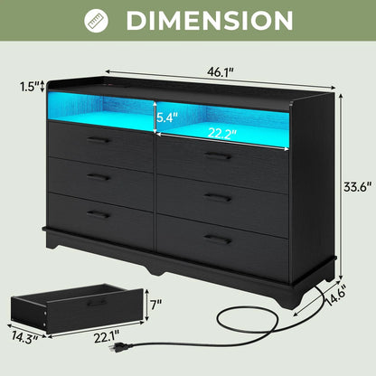 Hasuit 6 Drawers Dresser with LED Lights and Charging Station, Modern Storage Tower Dressers and Chests of Drawers and Open Cubby, Black