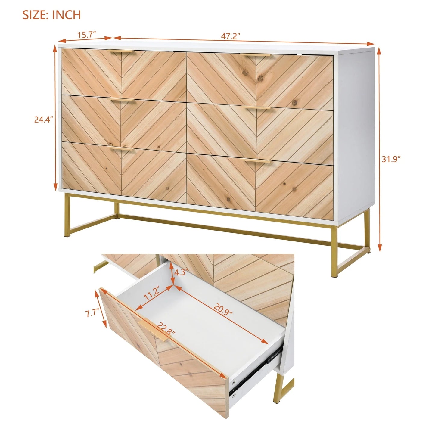 Modern Wood Dresser, 6 Drawer Dresser for Bedroom with Wide Drawers and Metal Handles, Storage Chest of Drawers, Storage Organizer Cabinet Accent Cabinet for Living Room Hallway Entryway,White+Natural