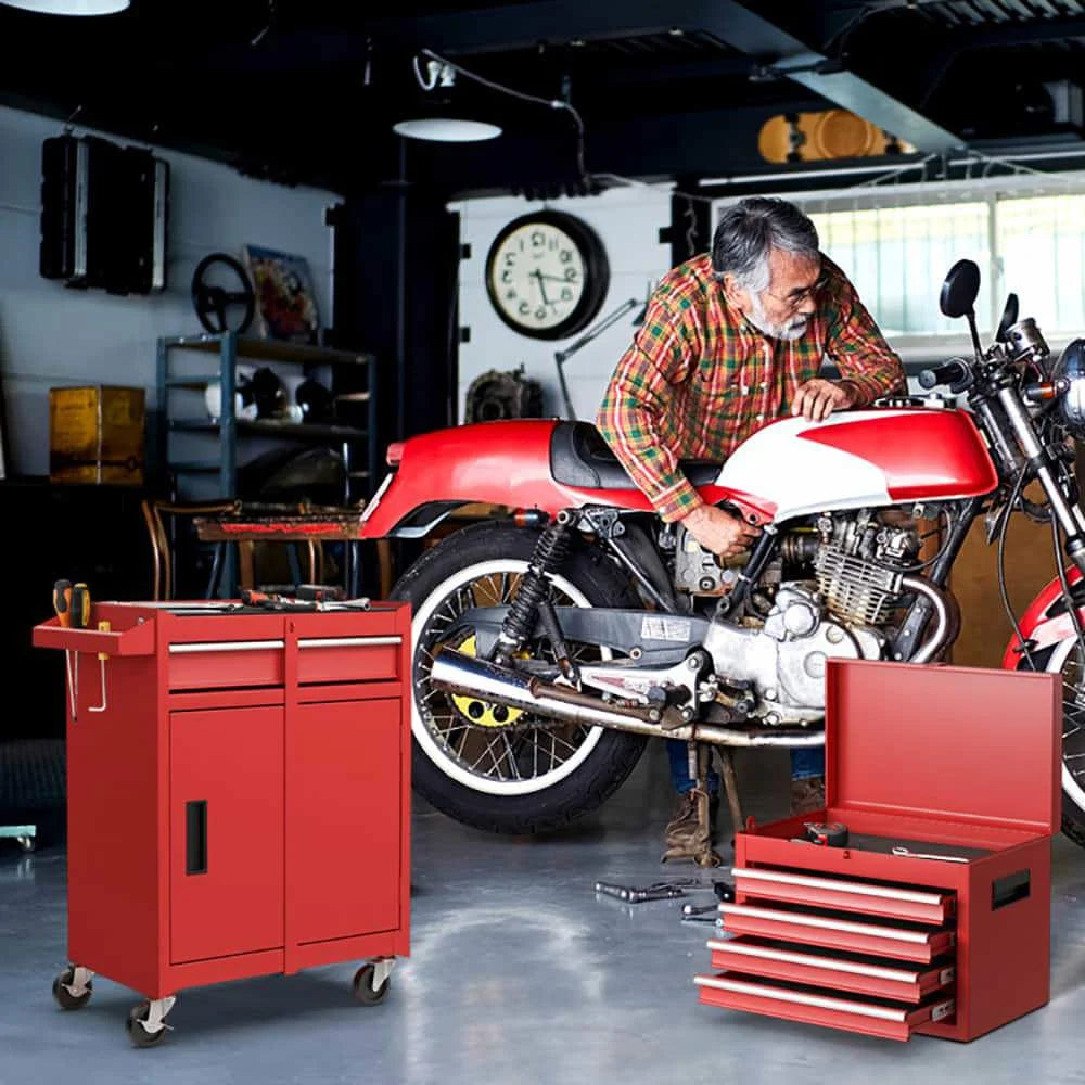 Demifill 2-in-1 Tool Chest and Cabinet with 5 Sliding Drawers, Large Storage Space and Detachable Design, Red