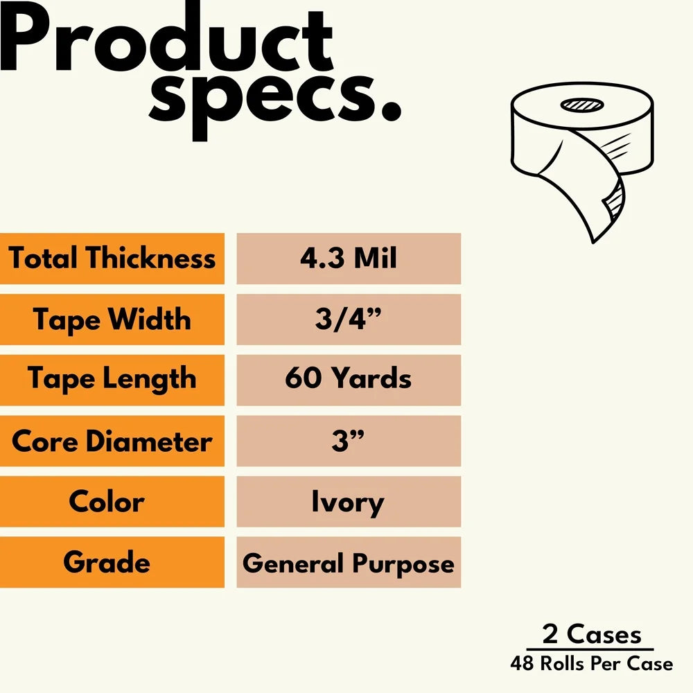 SSBM 96 Rolls - 4.3 Mil - General Purpose Masking Tape Water & Oil Resistant, Quality Adhesive, Mutipurpose, Ivory, 3/4" x 60 Yards
