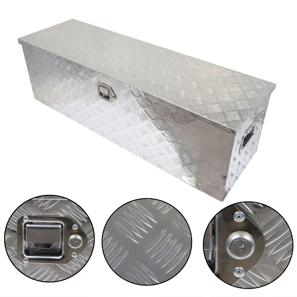 Genrics 49 Inch Trailer Tongue Tool Box Chest Box Diamond Tread Aluminum Heavy Duty Truck Pick Up Underbody Storage Organizer Handling Tools Weather Resistant w/Lock Sliver