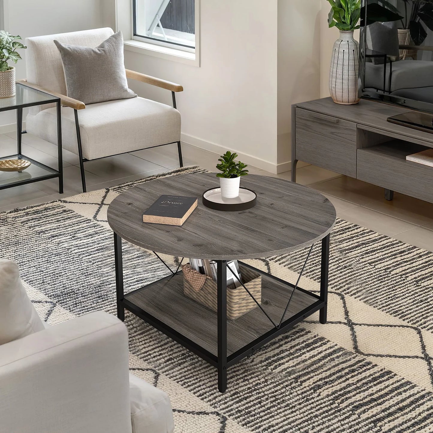 DWVO Round Coffee Table, 31.5" Industrial Design Furniture Sturdy Metal Frame Legs Table, Cocktail Table with Storage Open Shelf for Living Room, Gray