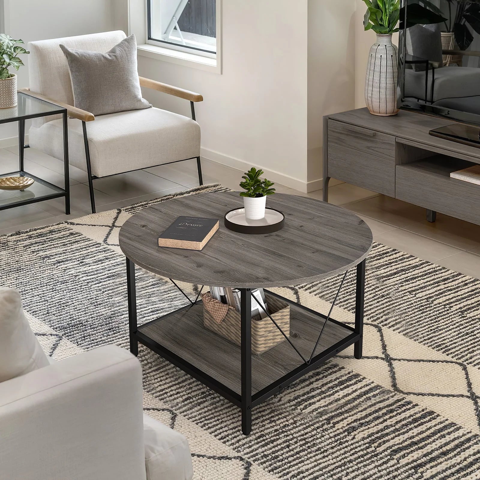DWVO Round Coffee Table, 31.5" Industrial Design Furniture Sturdy Metal Frame Legs Table, Cocktail Table with Storage Open Shelf for Living Room, Gray