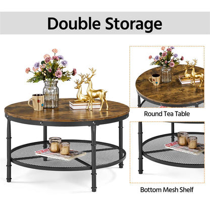Smilemart Modern Round Metal Coffee Table with Storage Shelf, Rustic Brown