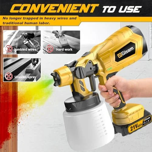 Cordless Paint Sprayer with Brushless Motor - 2 Batteries, 4 Brass Nozzles, 3 Spray Patterns, HVLP Spray Gun, Adjustable Flow Control, Electric Paint Spray for House/Furniture/Fence DIY Projects