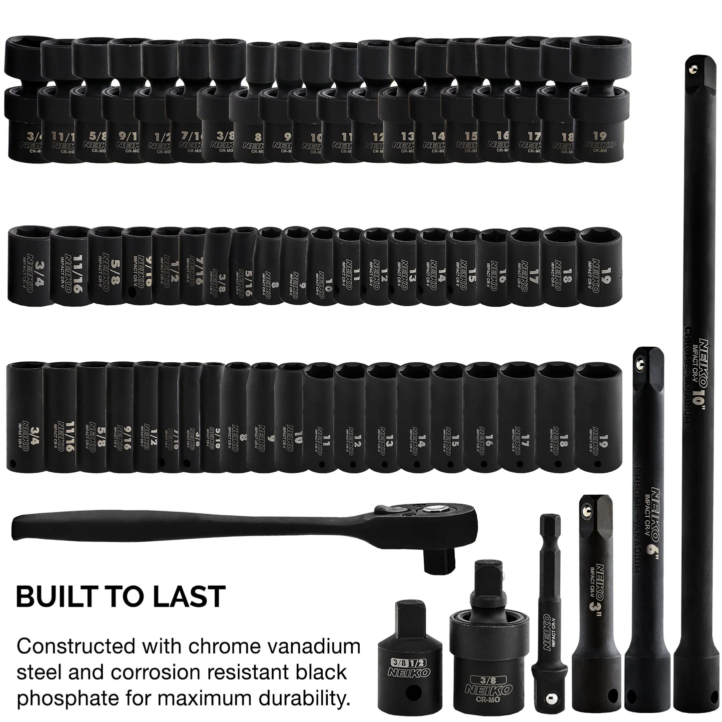 NEIKO 02471A Impact Socket Set, 3/8? Drive, 67 Piece, Metric and Standard Master Socket Set with Shallow & Deep Sockets, Ratchet, Swivel Sockets, Extension Bars, Adapters, Cr-V & Cr-Mo