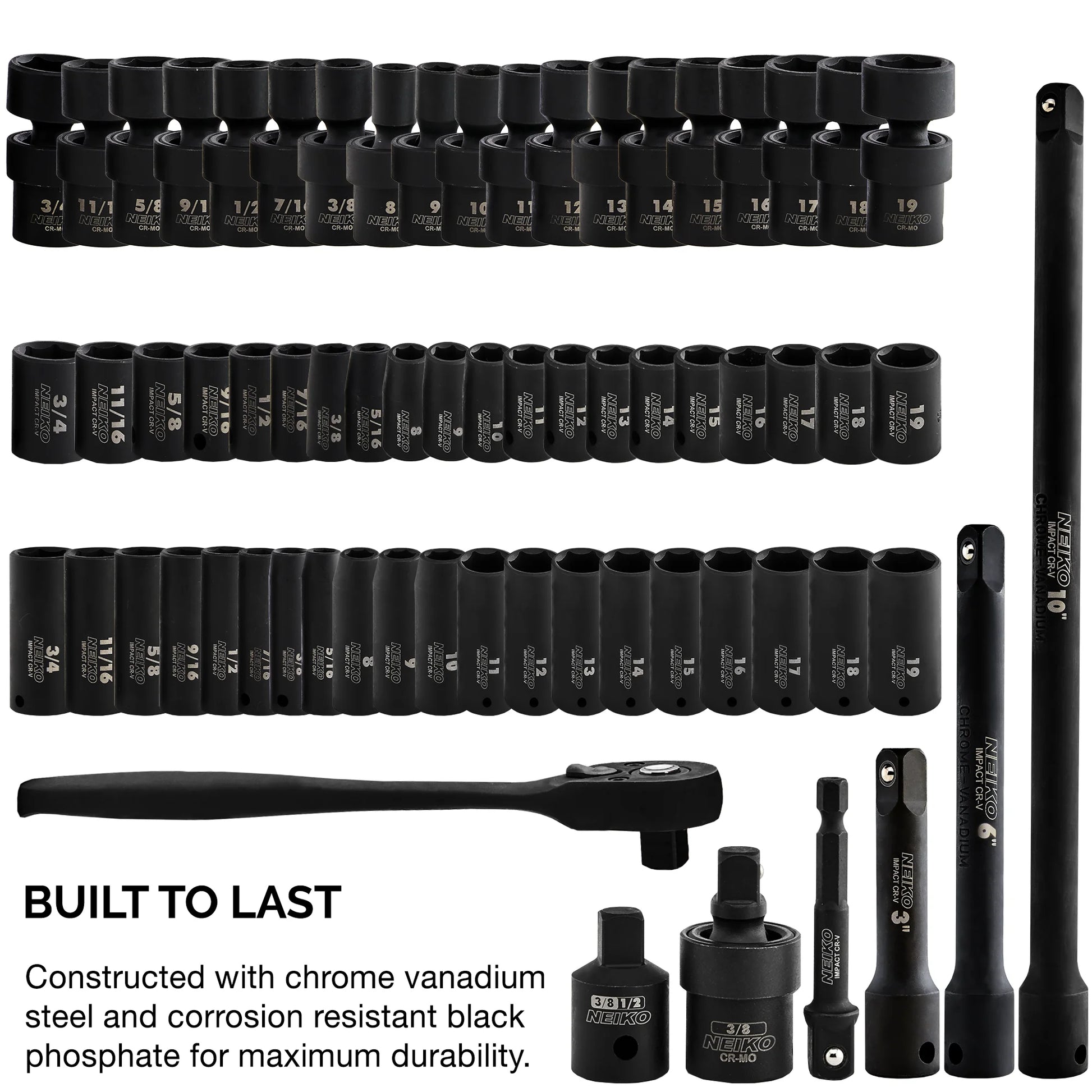 NEIKO 02471A Impact Socket Set, 3/8? Drive, 67 Piece, Metric and Standard Master Socket Set with Shallow & Deep Sockets, Ratchet, Swivel Sockets, Extension Bars, Adapters, Cr-V & Cr-Mo