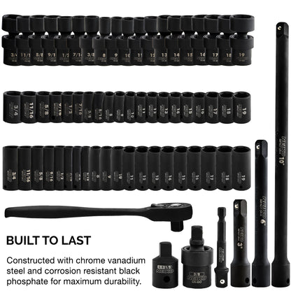 NEIKO 02471A Impact Socket Set, 3/8? Drive, 67 Piece, Metric and Standard Master Socket Set with Shallow & Deep Sockets, Ratchet, Swivel Sockets, Extension Bars, Adapters, Cr-V & Cr-Mo