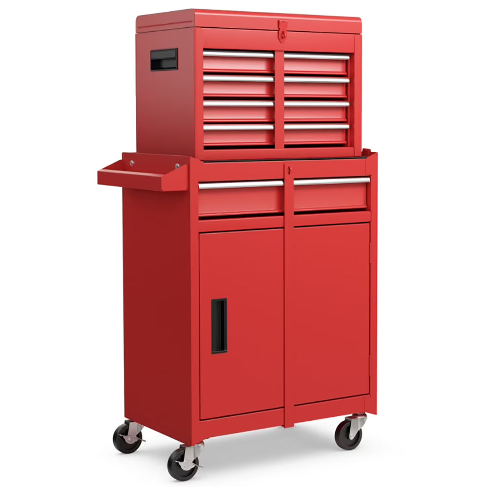 GVN 2-in-1 Tool Chest and Cabinet with 5 Sliding Drawers-Red, Locking System Drawer for Garage, Warehouse & Repair Shop