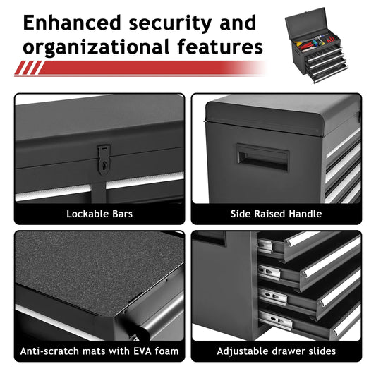 NETAJE Metal Tool Chest, 2 in 1 Steel Rolling Tool Box & Cabinet On Wheels for Garage, Detachable Top Tool Box and Lockable Wheels Metal Tool Cart for Garage, 5-Drawer, Black