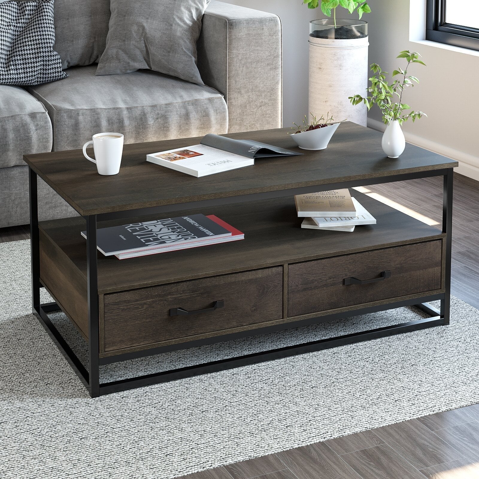 Homfa 43" Coffee Table with Storage Drawers, Wooden TV Stand Center Table for Living Room, Dark Brown