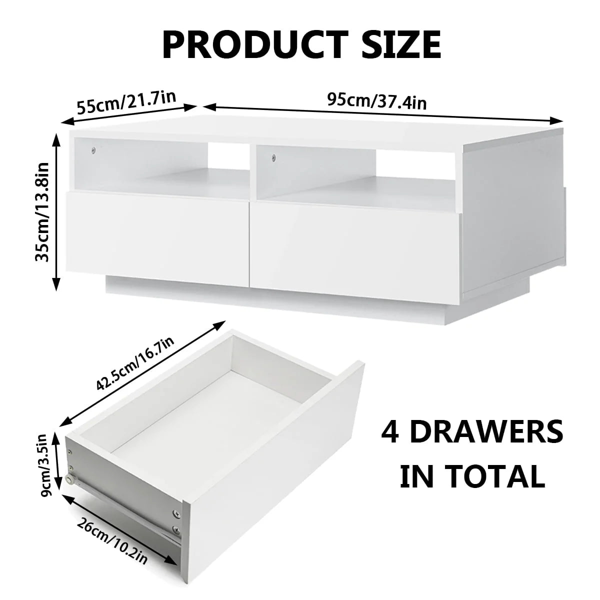 Hommpa LED Coffee Table Rectangular High Gloss Coffee Tea Table Modern Center Table with LED Light 4 Storage Drawers Sofa End Table for Living Room 35.4 x 22 x 13.8 Inches