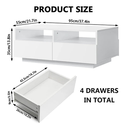 Hommpa LED Coffee Table Rectangular High Gloss Coffee Tea Table Modern Center Table with LED Light 4 Storage Drawers Sofa End Table for Living Room 35.4 x 22 x 13.8 Inches