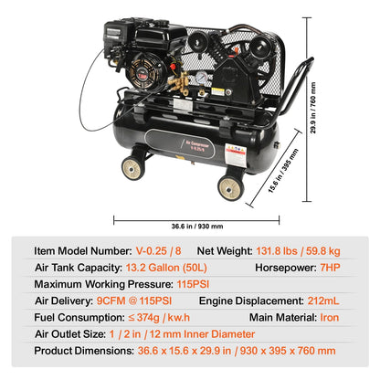 KFFKFF 7HP Gasoline Fueled Air Compressor, Horizontal Tank of 13.2 Gallons, 9CFM@115PSI Gas Propelled Piston Pump Compressed Air System, Maximum Pressure of 115PSI Suitable for Construction Locations