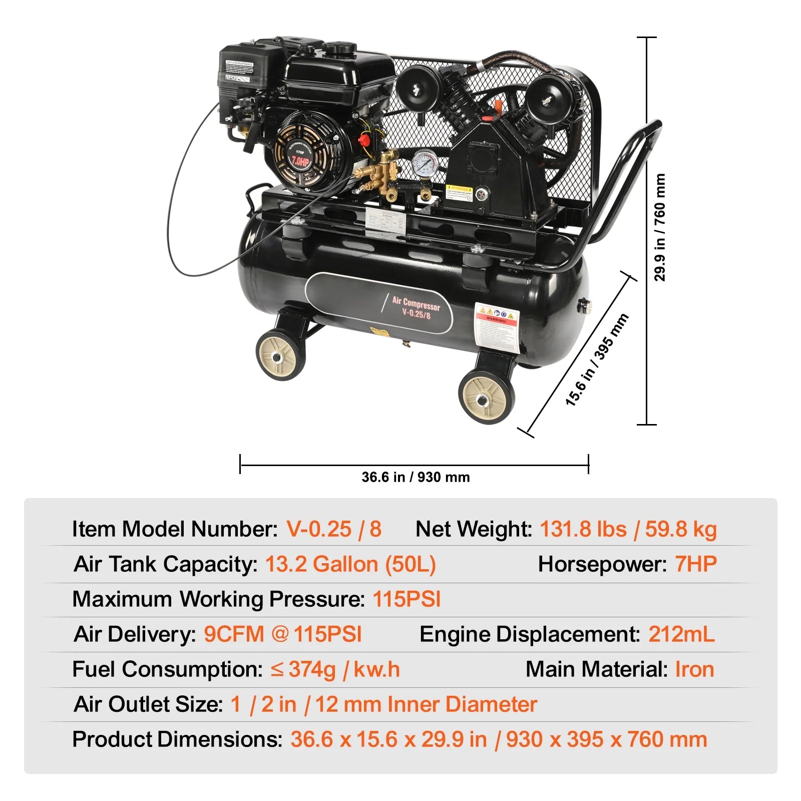 KFFKFF Gas Air Compressor with 7HP Engine, 13.2 Gallon Horizontal Tank, Delivers 9CFM at 115PSI, Gas-Driven Piston Pump, Max 115PSI, Perfect for Job Sites and Workshops