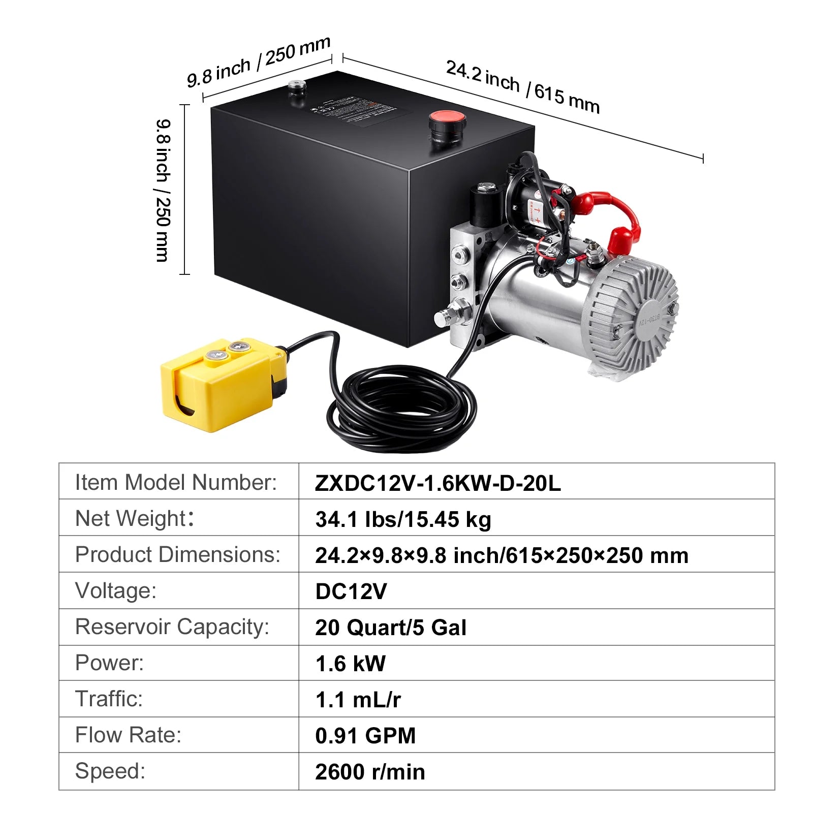 KFFKFF Hydraulic Pump, 20 Qt Power Unit, Single Acting for Dump Trailers, 0.91 GPM, 3200 PSI, 12V DC for Car Lifts