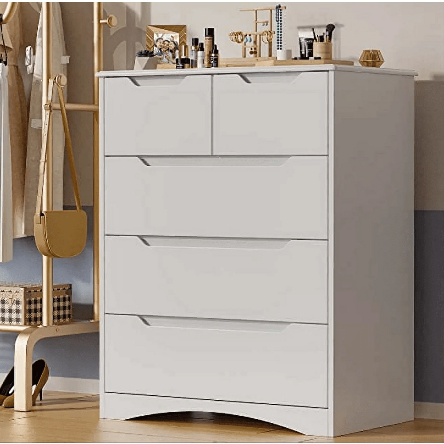 Dresser for Bedroom, Lofka 5 Storage Drawer Chest and Organizer with Cutout Handles for Bedroom, White