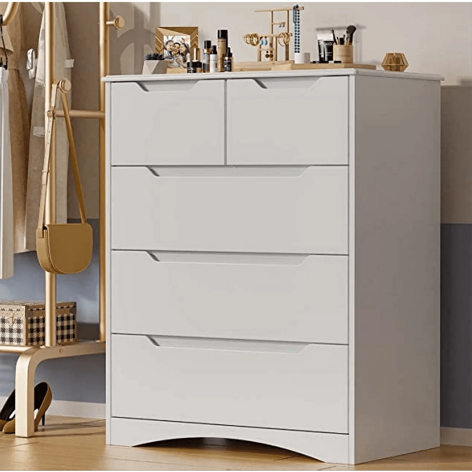 Dresser for Bedroom, Lofka 5 Storage Drawer Chest and Organizer with Cutout Handles for Bedroom, White