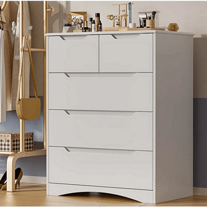 Dresser for Bedroom, Lofka 5 Storage Drawer Chest and Organizer with Cutout Handles for Bedroom, White