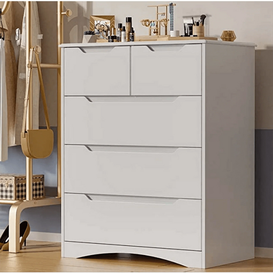 Dresser for Bedroom, Lofka 5 Storage Drawer Chest and Organizer with Cutout Handles for Bedroom, White