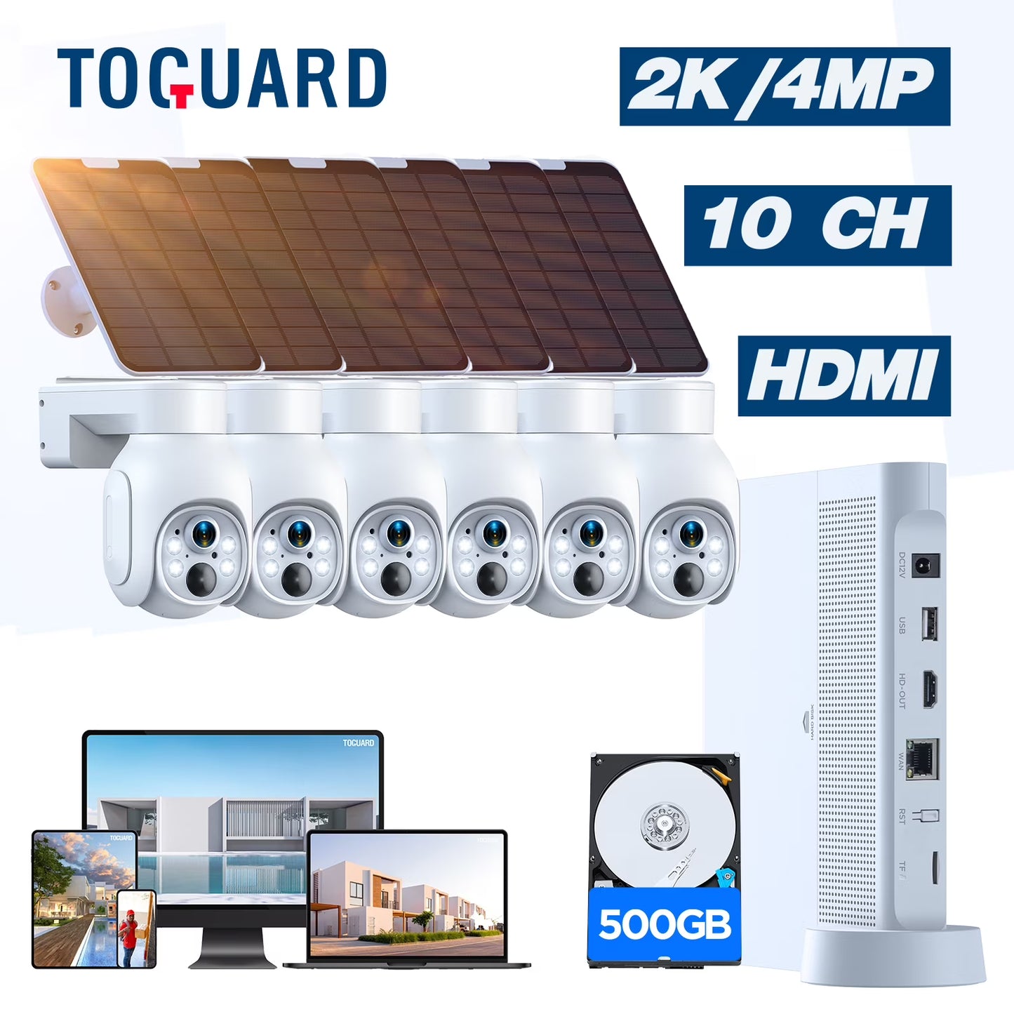 TOGUARD SC23 10CH 4MP Solar Wireless Security Camera System Outdoor Battery WiFi Dome Surveillance Camera NVR HDMI Connector
