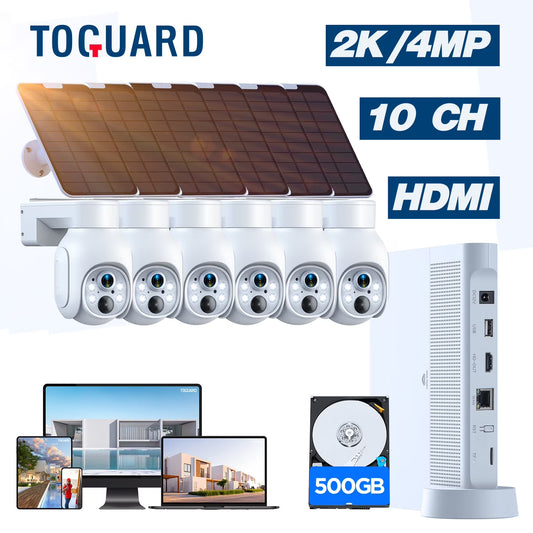 TOGUARD SC23 10CH 4MP Solar Wireless Security Camera System Outdoor Battery WiFi Dome Surveillance Camera NVR HDMI Connector