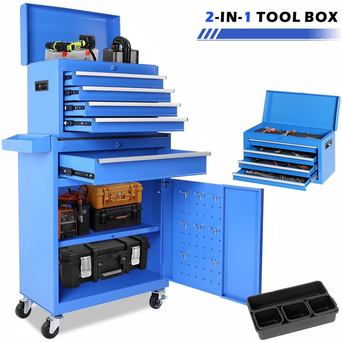 2-IN-1 Tool Chest with Drawers, Seizeen 2-tier Rolling Tool Box & Cabinet Large Capacity with 4 Drawers, Lockable Tool Box Organizer On Wheels, Red