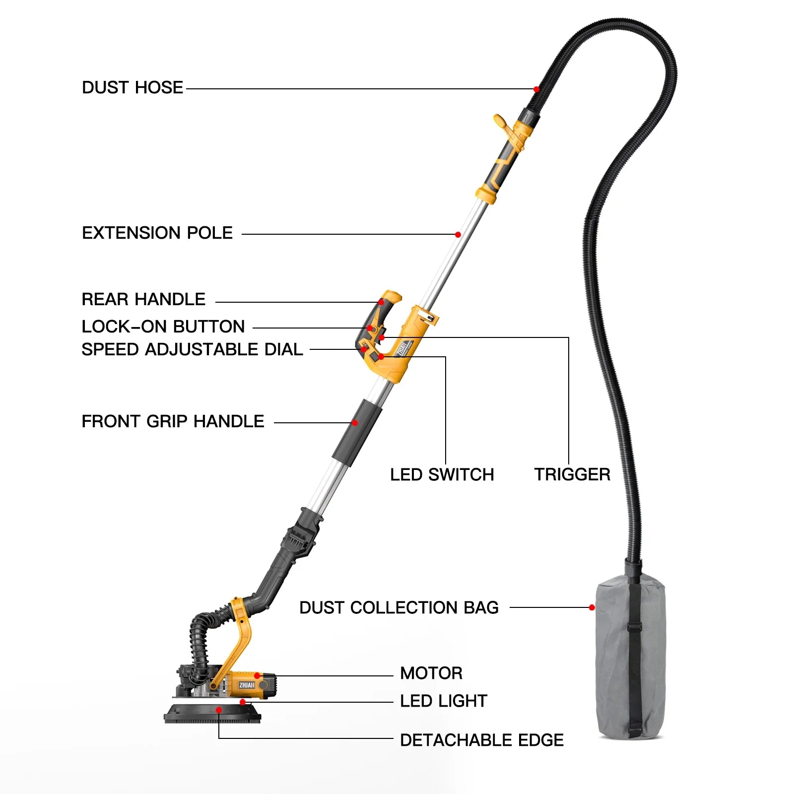 ZHJAN 880W Electric Drywall Sander with Vacuum, 5-Speed 2100RPM & LED, Adjustable Handle w/12 Sanding Discs & Dust Bag (59")