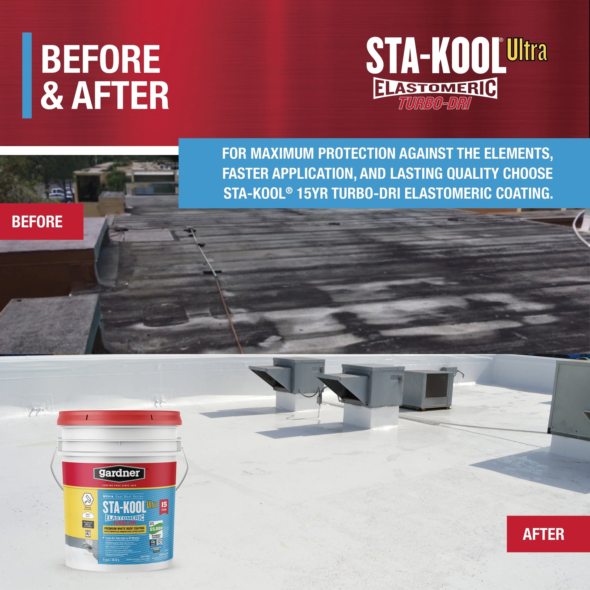 GARDNER STA-KOOL 15 YR Turbo-Dri Elastomeric Roof Coating - White, White, 5 Gallon