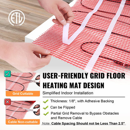 KFFKFF Underfloor Heating Mat, 30 Sq.ft, Electrical Ground Warming System with Digital Temperature Sensing Thermostat, Comes with Installation Monitor, Sticky Back for Simple Setup on The Ground