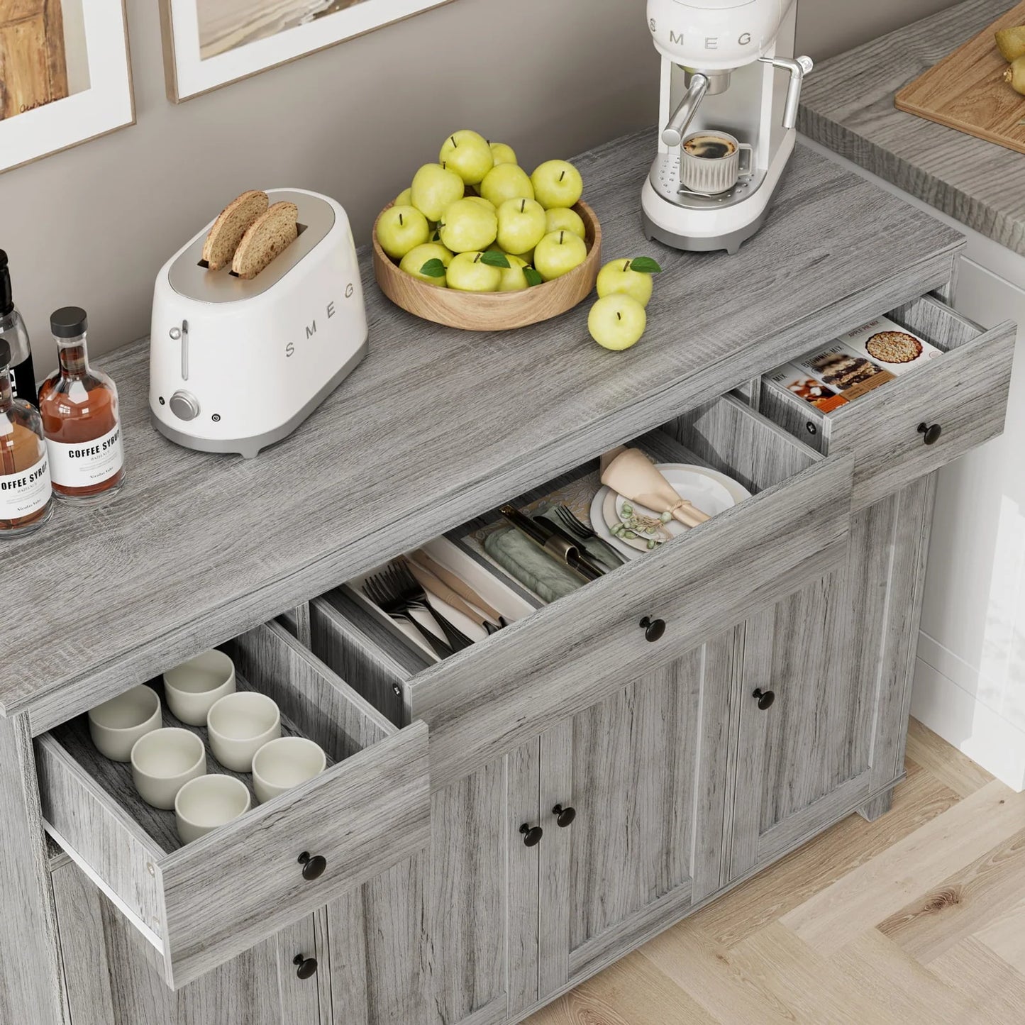 Homfa Buffet Sideboard, Wooden Storage Cabinet with Drawers & Doors, Wide Buffet Cabinet for Dining Room, Gray