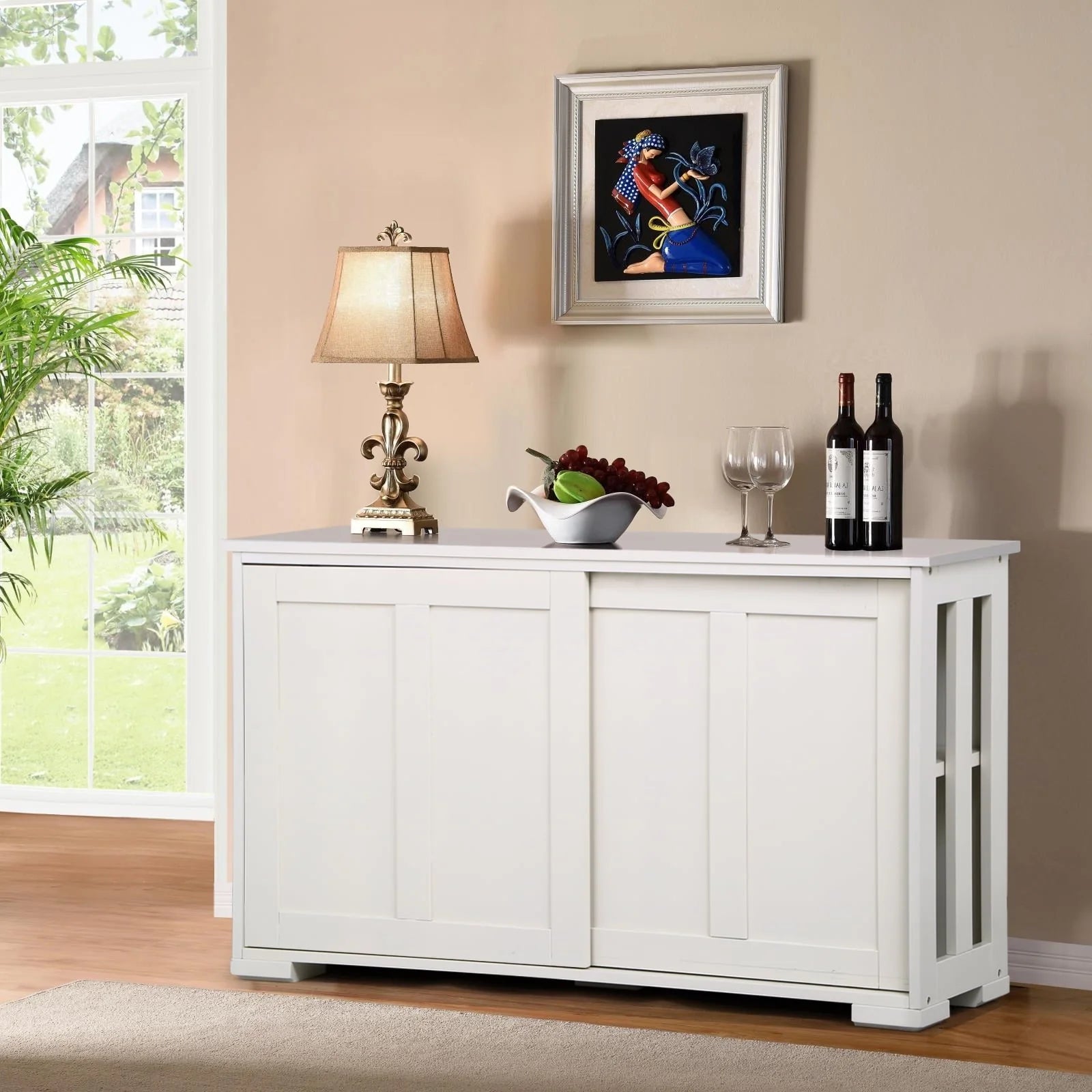 Topeakmart Antique White Buffet Cabinet Kitchen Table Sliding Door Stackable Sideboard Storage