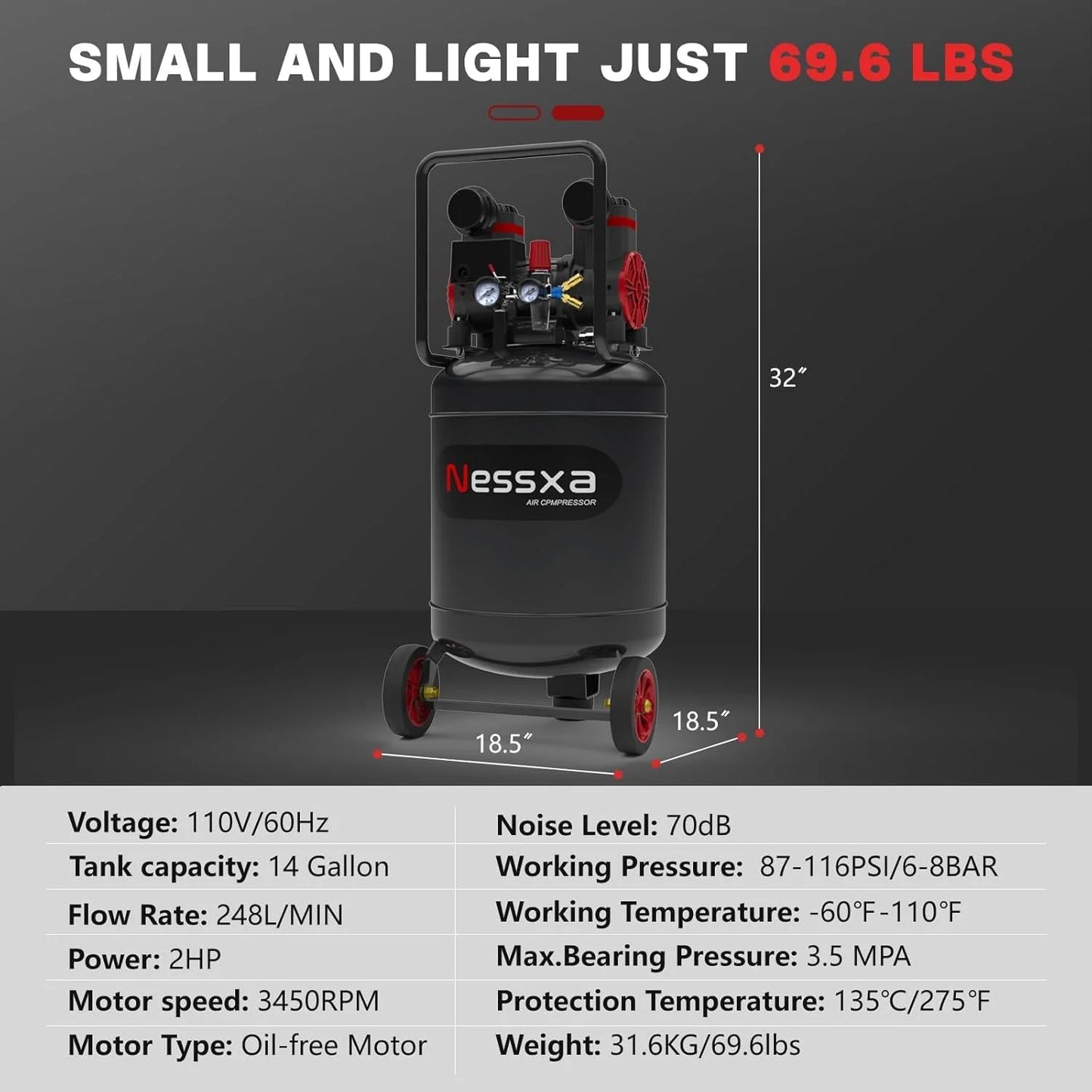 14-Gallon ultra-quiet air compressor 70dB, 2HP horsepower, 8.75CFM flow, maximum 116PSI pressure, oil-free design, 110V voltage, suitable for car repair, painting, and carpentry nailing operations