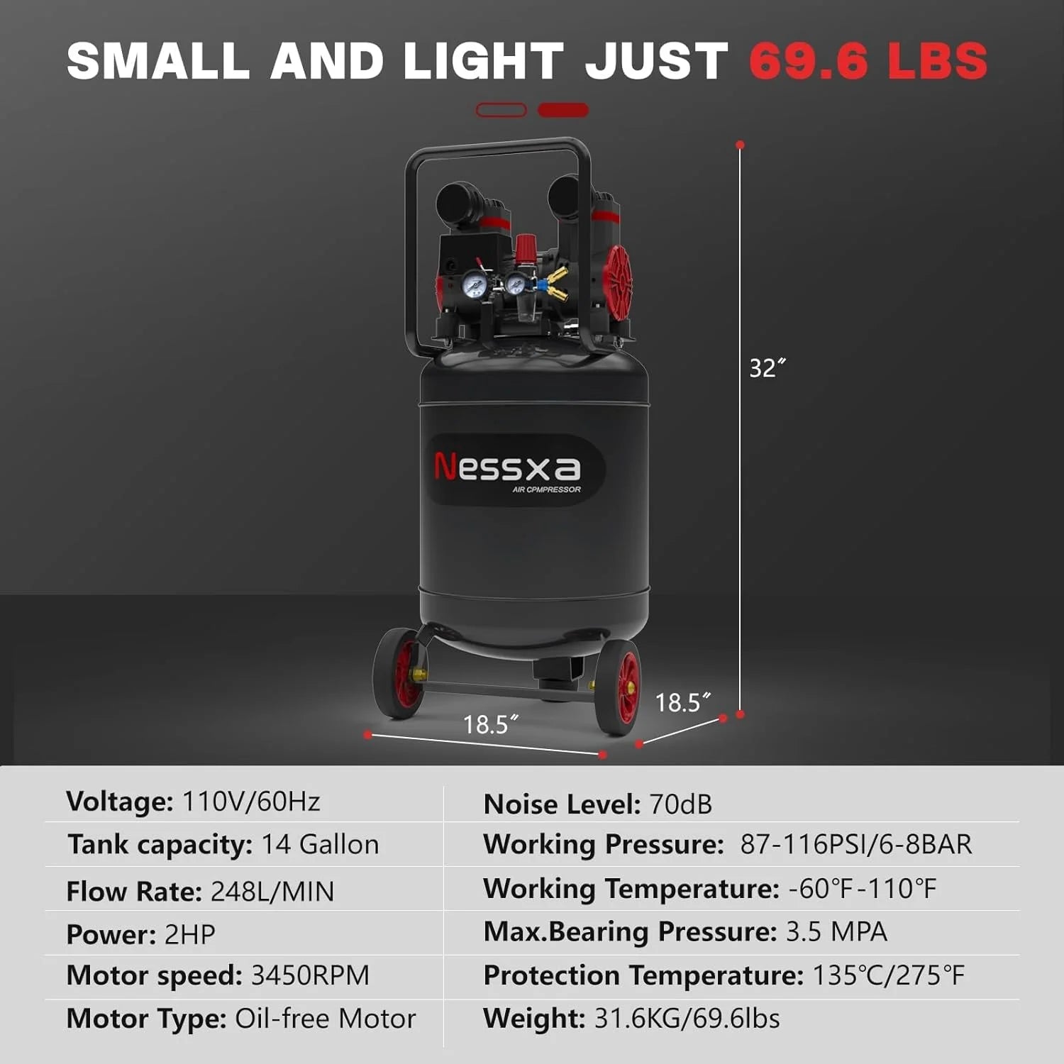 14-Gallon ultra-quiet air compressor 70dB, 2HP horsepower, 8.75CFM flow, maximum 116PSI pressure, oil-free design, 110V voltage, suitable for car repair, painting, and carpentry nailing operations