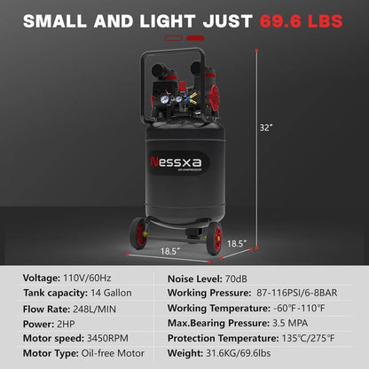 14-Gallon ultra-quiet air compressor 70dB, 2HP horsepower, 8.75CFM flow, maximum 116PSI pressure, oil-free design, 110V voltage, suitable for car repair, painting, and carpentry nailing operations
